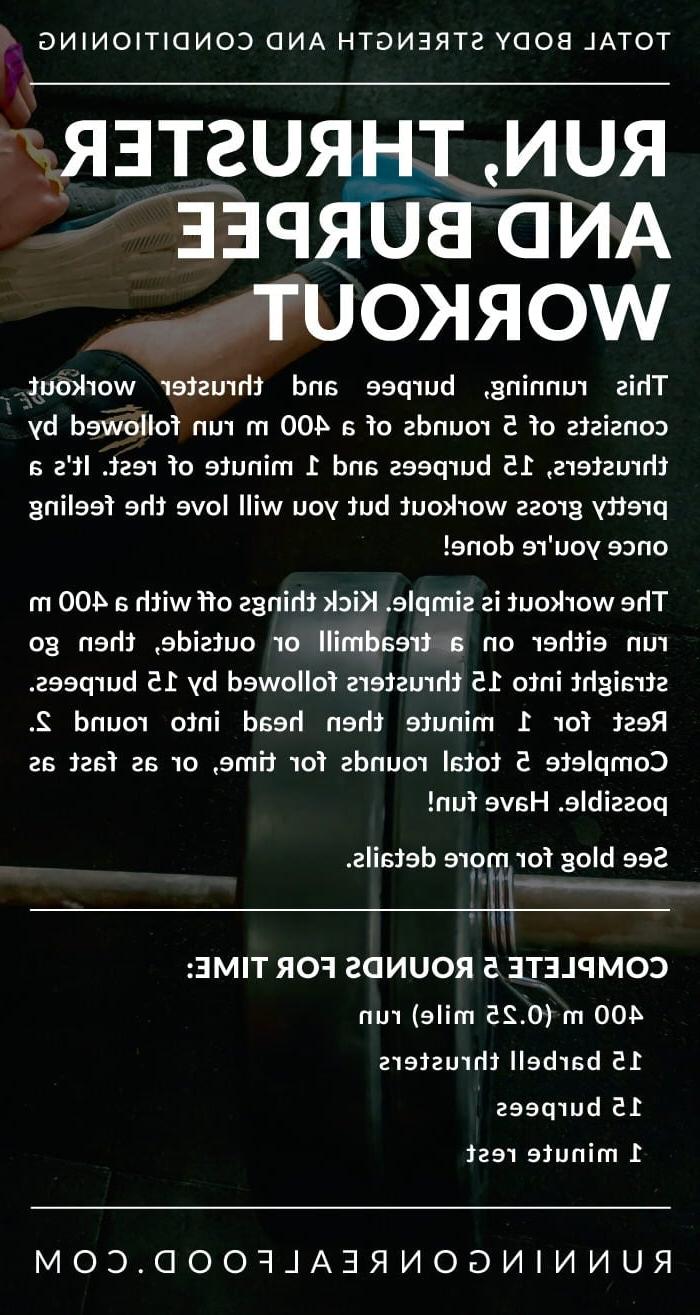 Hardloop-, Burpee- en Thruster-oefensessie 2 Oefensessie instruksies vir 'n hardloop, burpee en thruster oefensessie.
