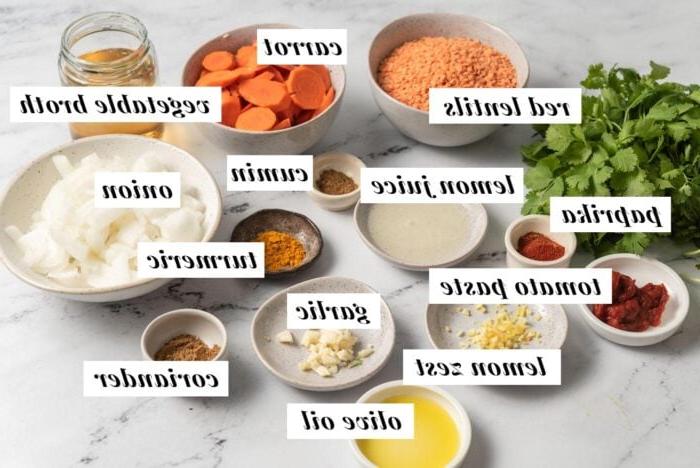 Suurlemoenlensiesop 3 Visuele lys van bestanddele vir die maak van 'n suurlemoen rooi lensiesop resep.