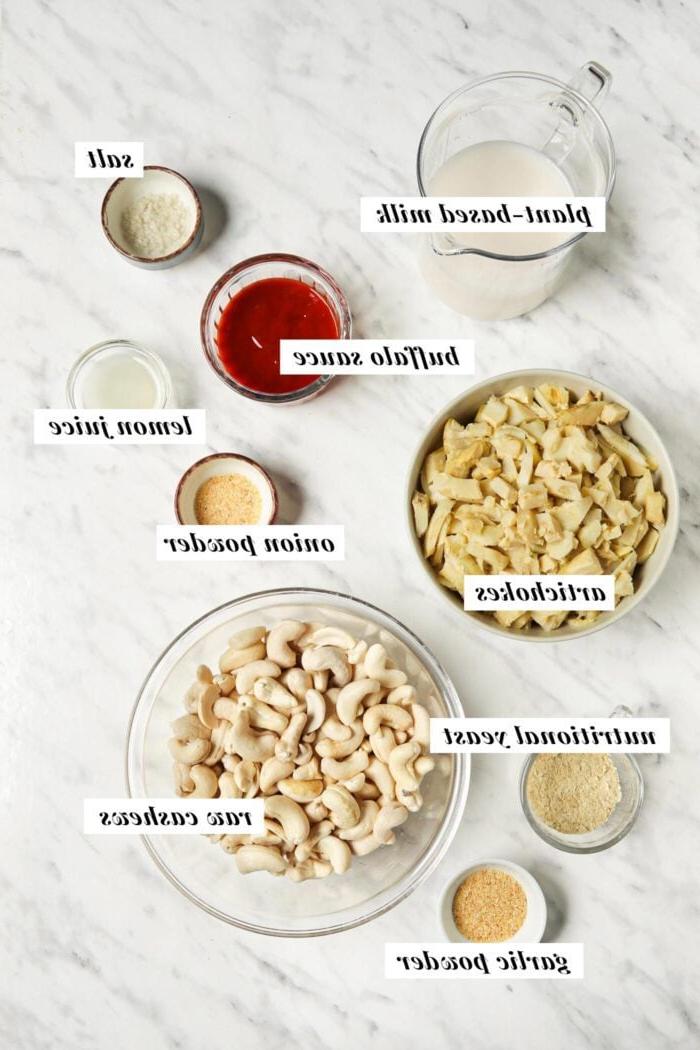 Vegan Buffels Dip 3 Visuele lys van gemerkte bestanddele vir die maak van 'n vegan buffel hoender dip resep.