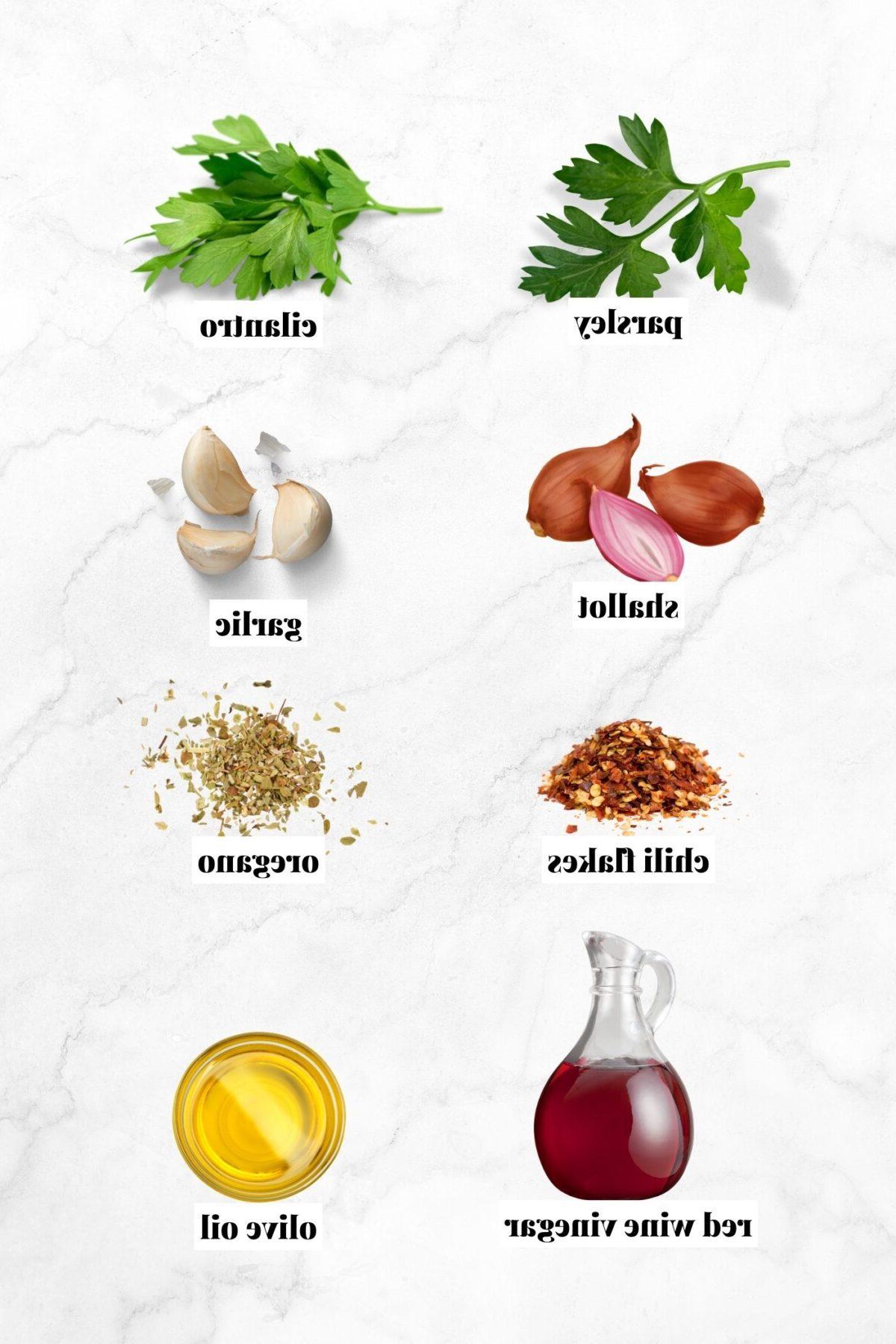 Koriander Tjimmitsjoerri Sous 3 Al die bestanddele wat benodig word om chimichurri sous te maak.