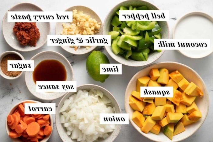 Visuele lys van bestanddele vir die maak van 'n kabocha pampoen rooikerrie. Elke bestanddeel is met teks gemerk.