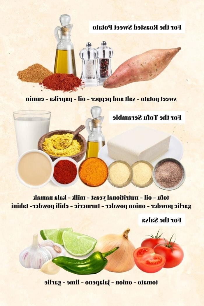 Kollage van al die bestanddele benodig vir die maak van 'n vegane ontbyt burrito bak met salsa, geroosterde patats en tofu roereier, elke bestanddeel is gemerk.