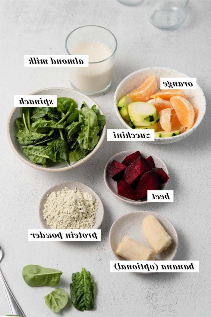 Beet Lemoen Smoothie 3 Visual of ingredients needed for making a beet orange protein smoothie, each ingredient labelled with text overlay.