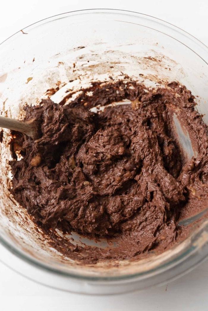 Thick chocolate batter in a mixing bowl.