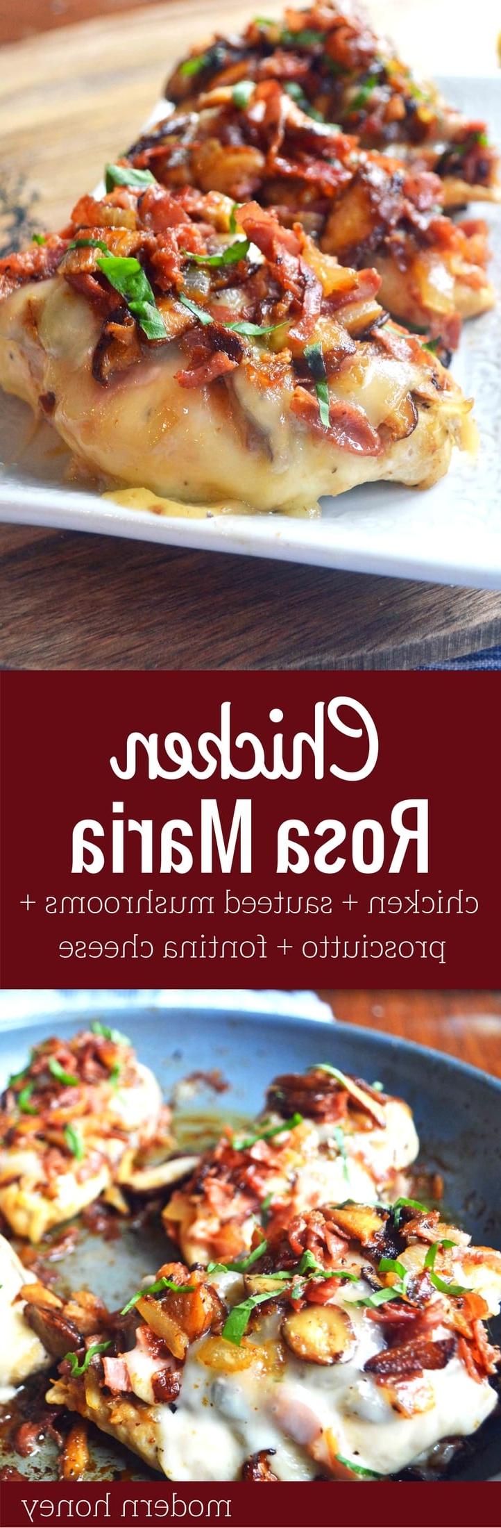 Κοτόπουλο Rosa Maria από Modern Honey. Στήθος κοτόπουλου σοταρισμένο με βούτυρο, κρεμμύδια, σκόρδο και μανιτάρια. Γαρνιρισμένο με τραγανό προσούτο και τυρί Fontina.