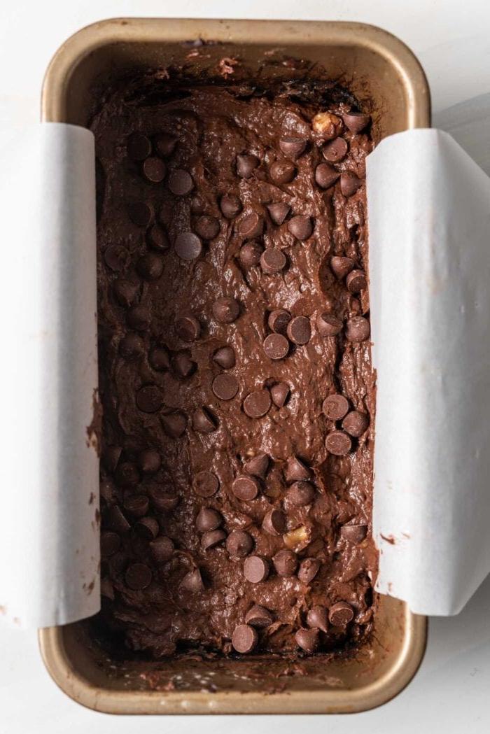 Raw chocolate chip brownie batter in a loaf pan.