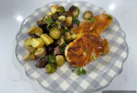 Sheet Pan Cheddar Crusted Pork Chops with Roasted Brussels and Potatoes