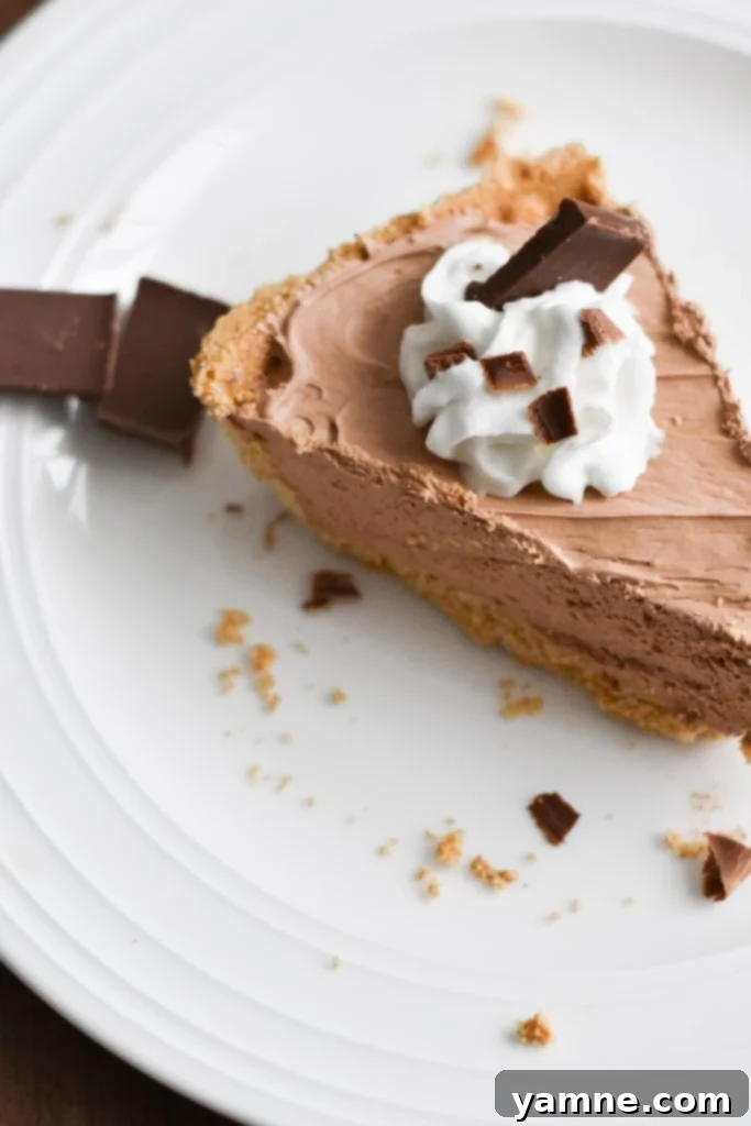 A close-up view of the smooth and decadent No-Bake Hershey’s Chocolate Pie filling