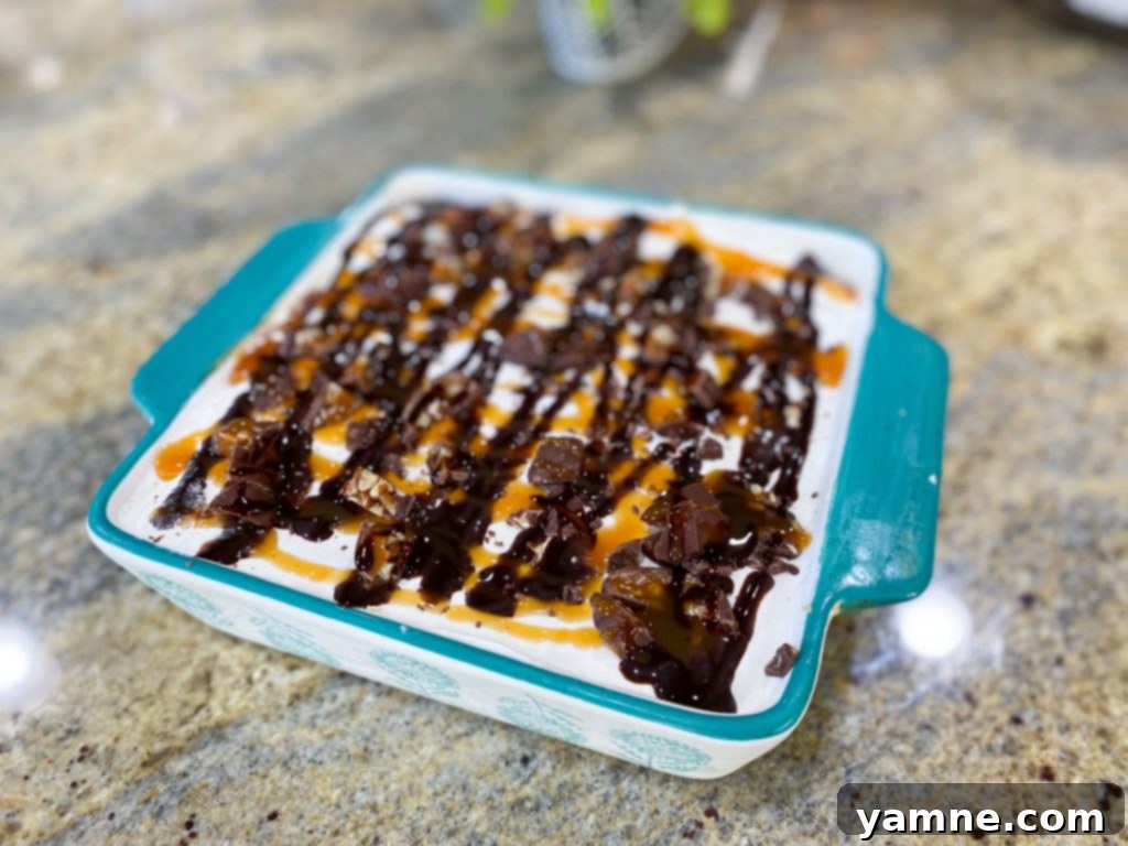 Indulgent No-Bake Layered Turtle Dessert with chocolate, caramel, and pecans by Julia Pacheco