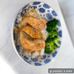 Delicious 20-Minute Honey Garlic Chicken served with rice and steamed green beans