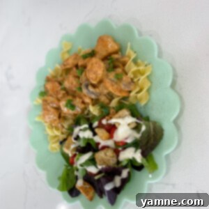 Delicious creamy chicken dish served over noodles