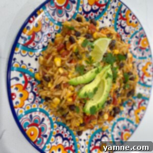 A vibrant Southwestern Black Bean Orzo Skillet dish, featuring a mix of black beans, corn, diced tomatoes, and orzo pasta, garnished with fresh cilantro and cheese.