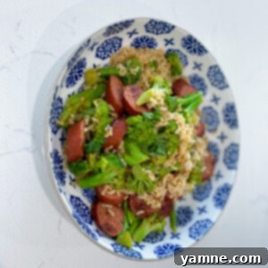 Hearty One-Pan Turkey Sausage and Rice dinner with broccoli