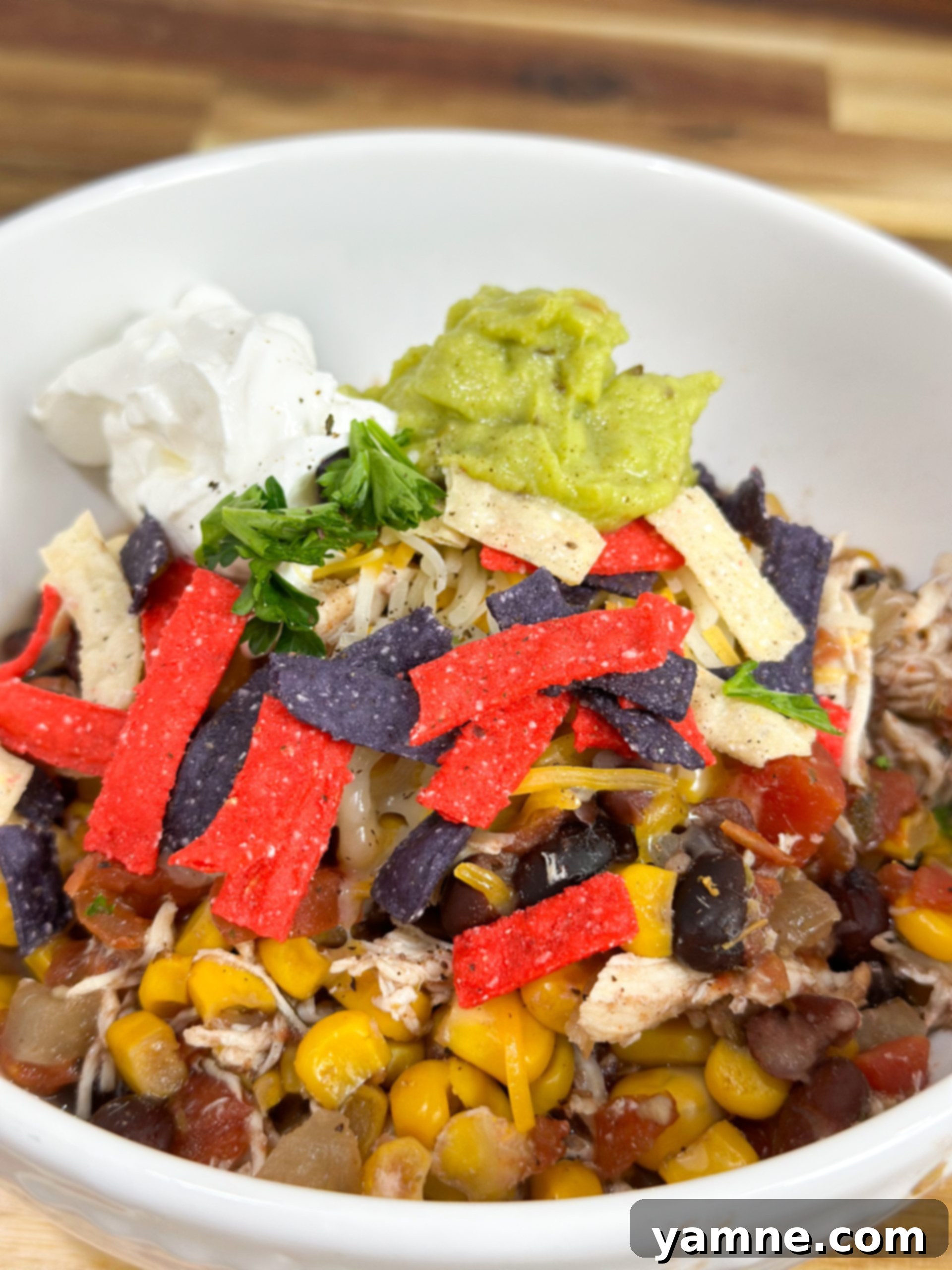 Easy slow cooker chicken burrito bowl with toppings on a plate, ready to be served.