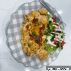 Delicious Chicken Bacon Ranch Rice Casserole in a baking dish