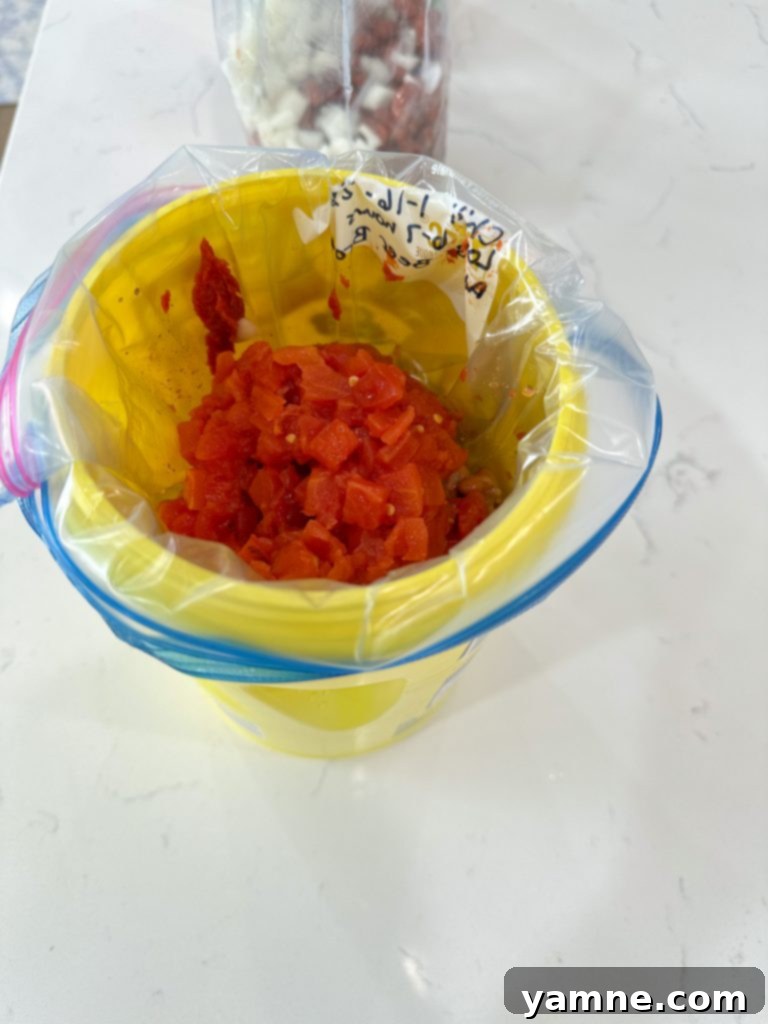 Various bags of prepared freezer meals, showcasing the organized approach to meal prep.