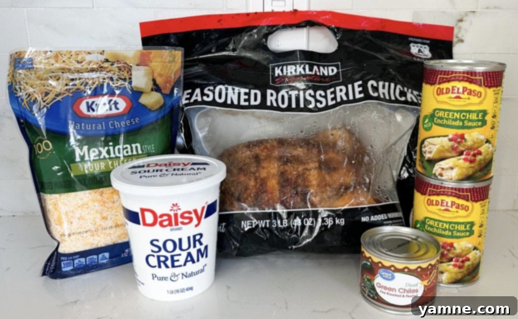 Ultimate Green Chile Chicken Enchiladas 3 Fresh ingredients laid out for making green chili chicken enchiladas.