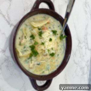 One Pot White Chicken Lasagna Soup, a comforting and easy meal.