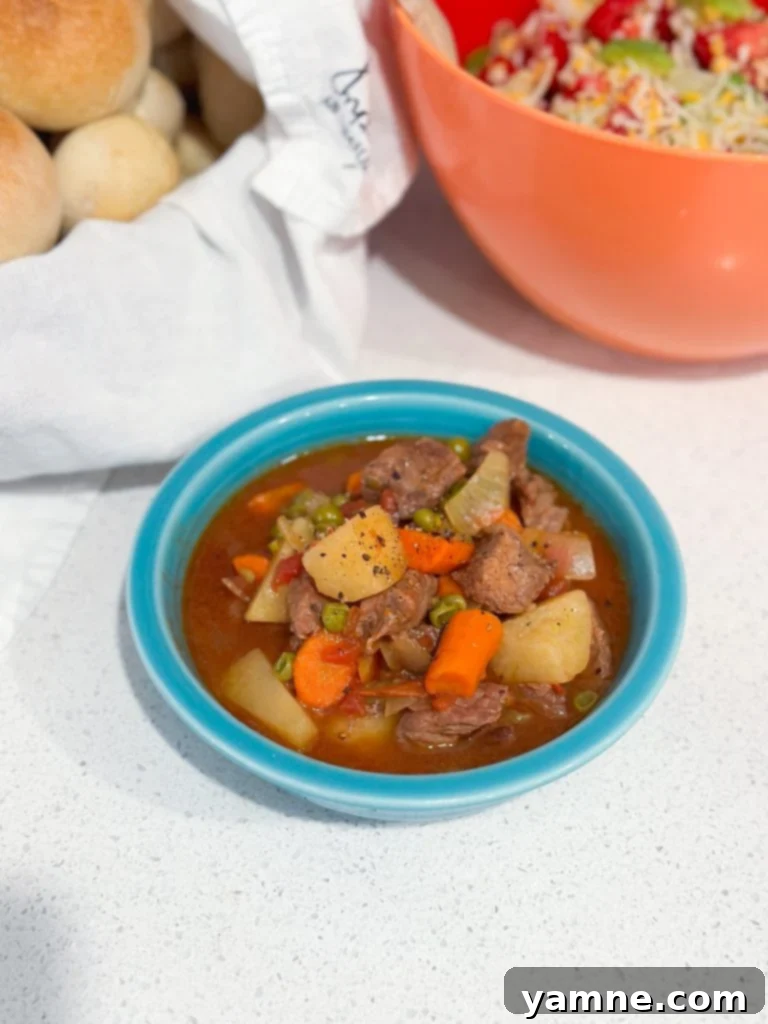 Effortless Slow Cooker Beef Stew 3 Close-up of a serving of Hearty Slow Cooker Easy Beef Stew