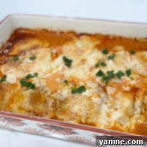 A close-up shot of the baked Cheesy Pierogi Casserole in a baking dish.