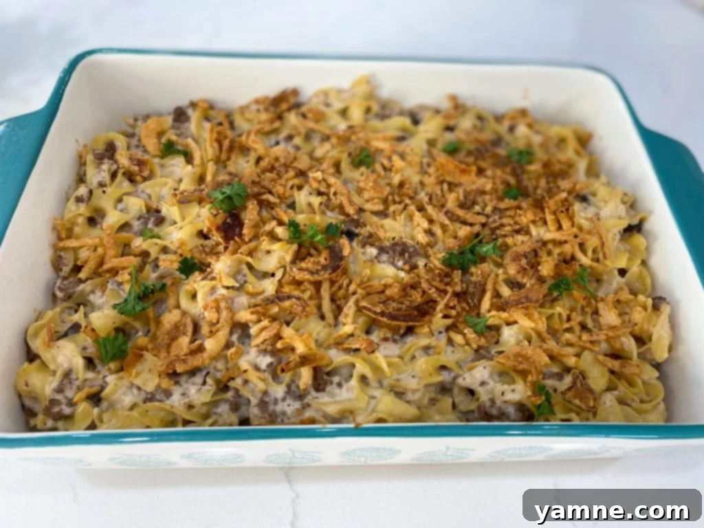 Caramelized Onion Gratin Bake 2 A close-up shot of a golden-brown French Onion Beef Noodle Casserole in a baking dish, topped with crispy fried onions.