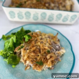 Caramelized Onion Gratin Bake 3 A savory French Onion Casserole with ground beef and noodles in a baking dish, topped with crispy fried onions.