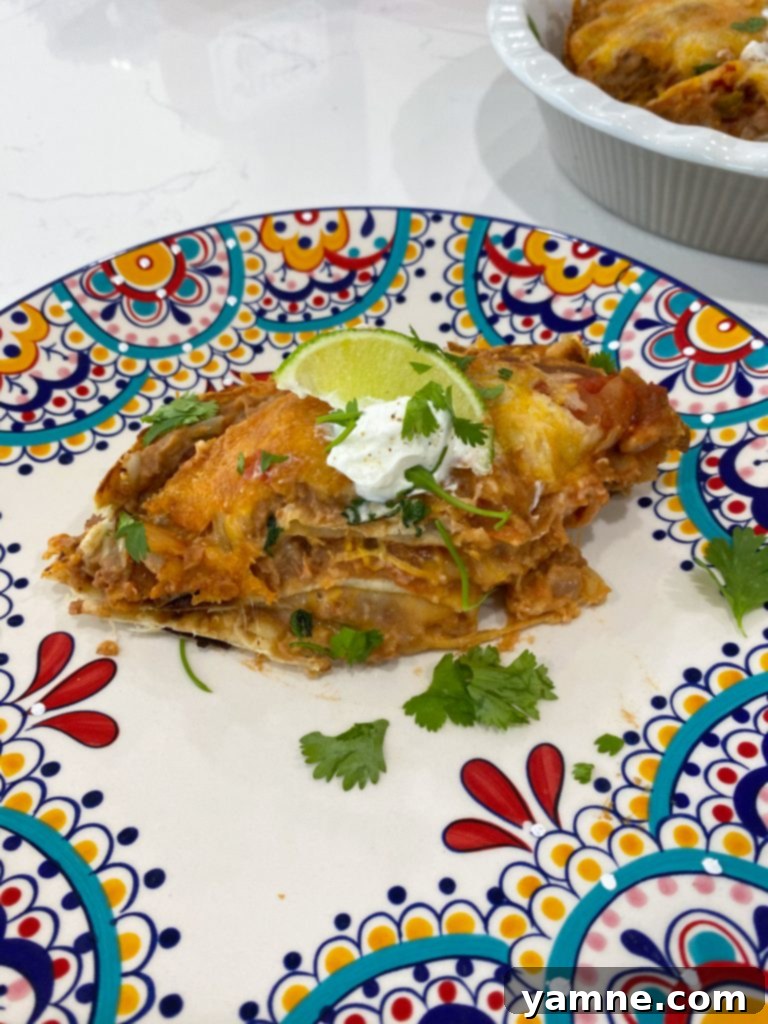 Easy Five-Ingredient Mexican Casserole layered with refried beans, tortillas, salsa, and cheese, served with fresh toppings like cilantro and sour cream. Ideal for a meatless family dinner.