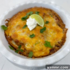 A top-down view of a delicious Easy Five-Ingredient Mexican Casserole with melted cheese and fresh toppings, ready to serve.