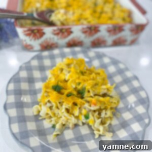 A classic chicken noodle casserole, golden and bubbly with a creamy sauce and tender noodles, ready to be served.