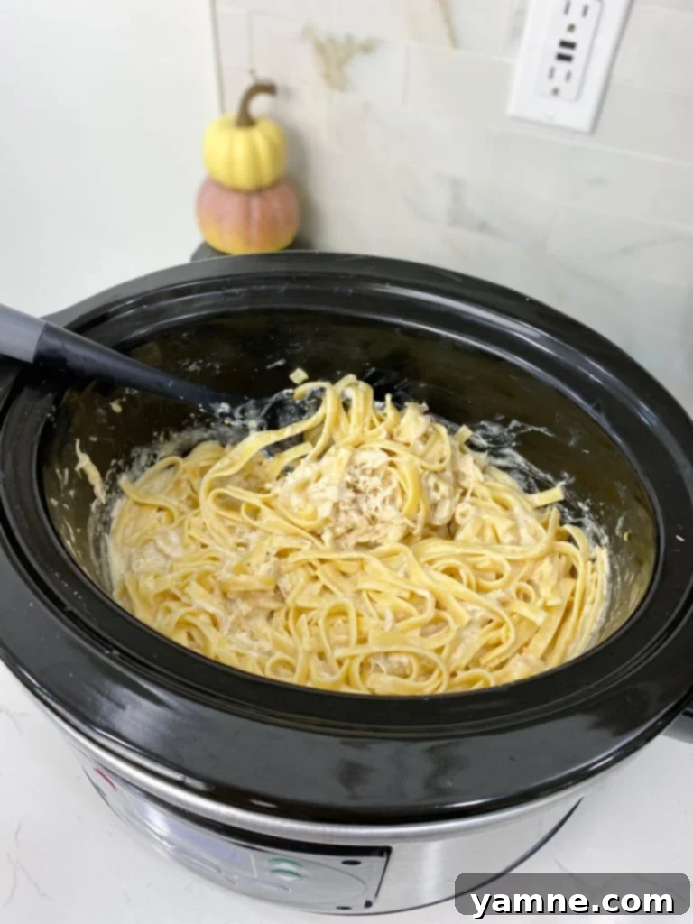 Close-up of Slow Cooker Olive Garden Chicken Pasta in a bowl