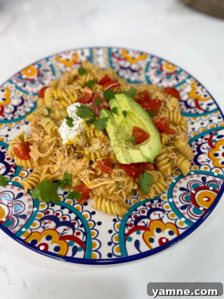 Cheesy Crockpot Enchilada Pasta 3 Overhead shot of slow cooker ingredients: chicken, enchilada sauce, green chiles, and seasonings, ready to be cooked.