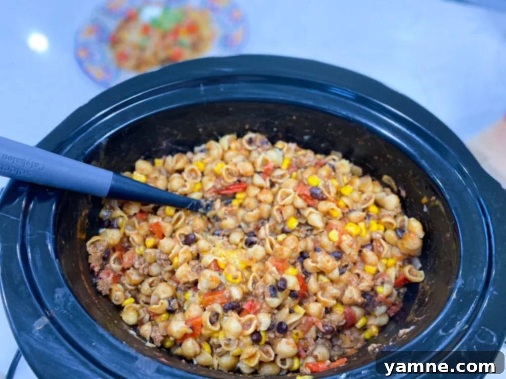 Slow Cooker Mexican Pasta simmering