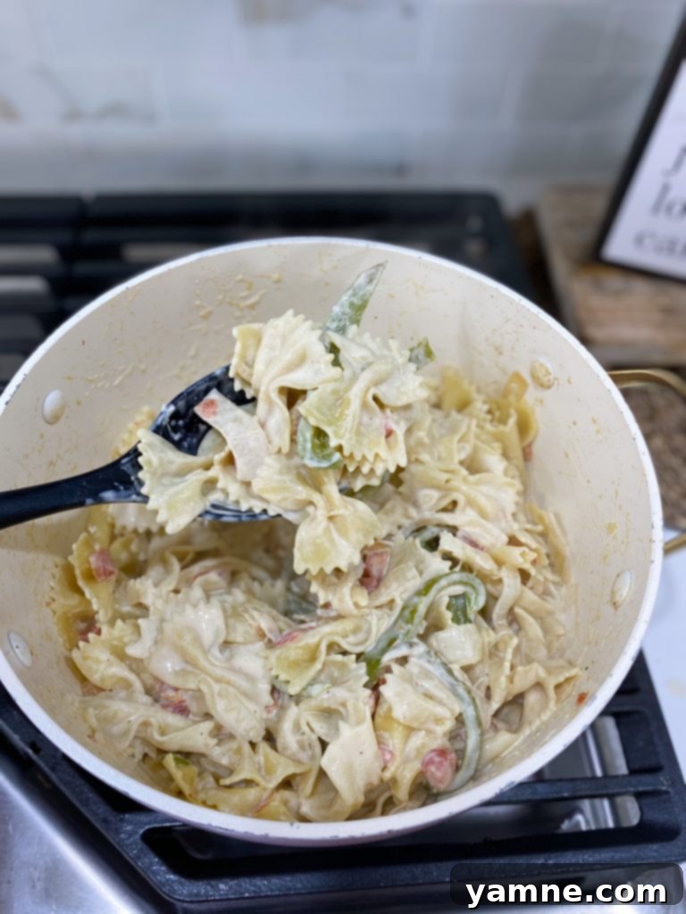 Close-up of Fajita Pasta with creamy sauce and vegetables