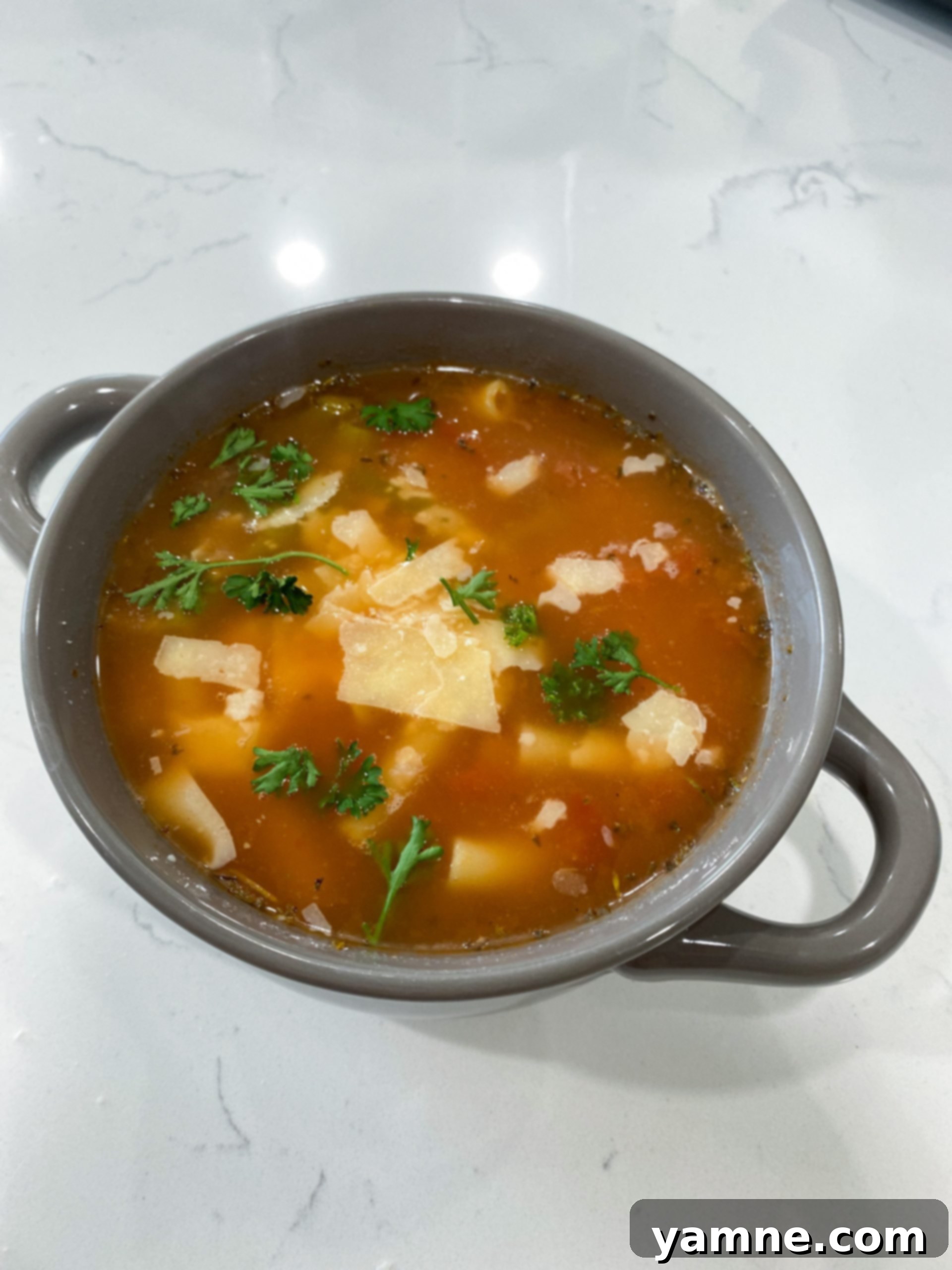 A comforting bowl of vegetable noodle soup, featuring tender noodles, creamy cannellini beans, and vibrant green beans in a rich tomato-based broth.