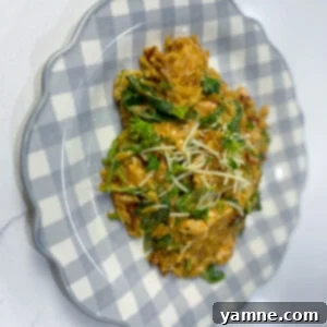 Cajun Chicken Orzo in a white bowl with a spoon