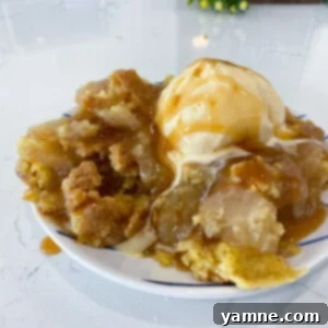 A beautifully baked Apple Dump Cake, golden brown and bubbly, ready for serving. It's topped with a delicious crumbly crust.