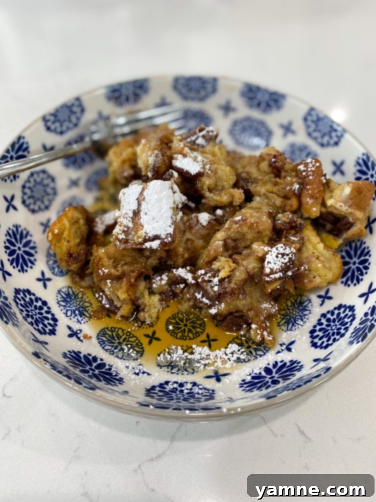 Close up of Slow Cooker Cinnamon Pecan French Toast Casserole