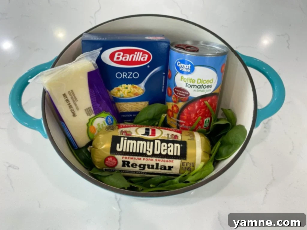 sausage orzo soup in a white bowl