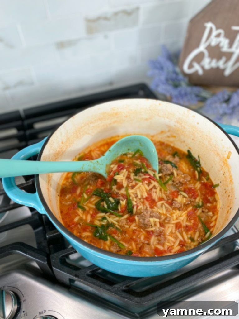 close up of sausage orzo soup with parmesan cheese