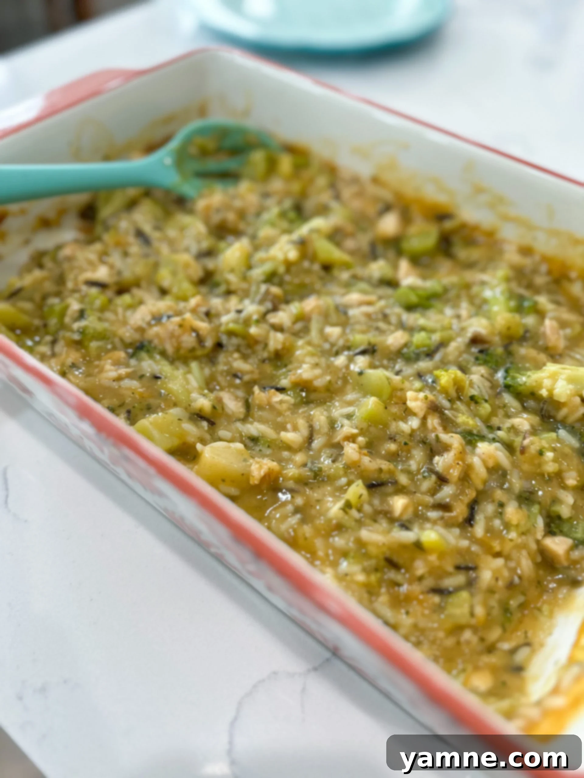 Chicken and rice casserole baked in dish