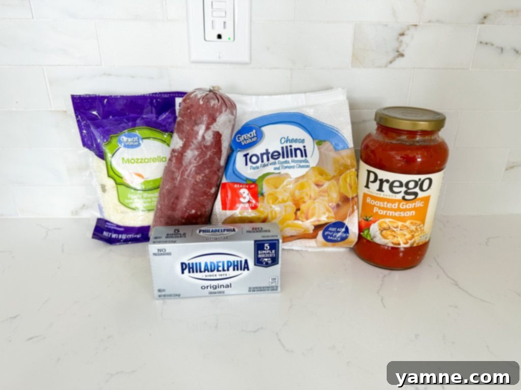 Easy Cheesy TikTok Tortellini 2 A large skillet filled with creamy, cheesy tortellini pasta and ground beef, garnished with fresh herbs, ready to be served.