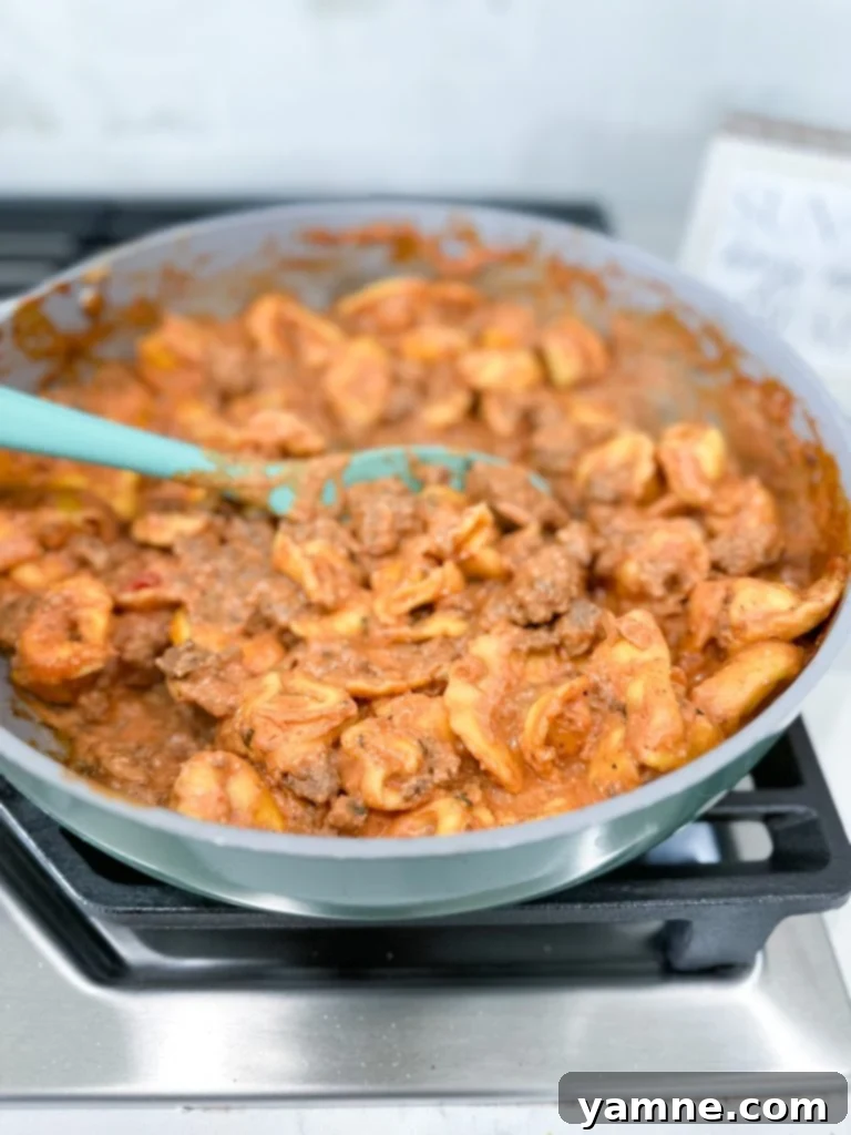Easy Cheesy TikTok Tortellini 4 A close-up view of the creamy, cheesy tortellini pasta simmering in a skillet with ground beef and rich tomato sauce.