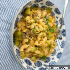 Close-up of a bowl of Cheeseburger Pasta topped with pickles.