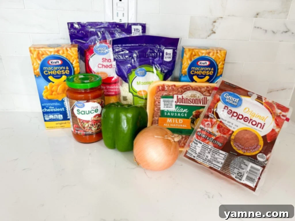 Delicious Macaroni and Cheese Pizza Casserole baked to perfection, showcasing golden cheese and pepperoni