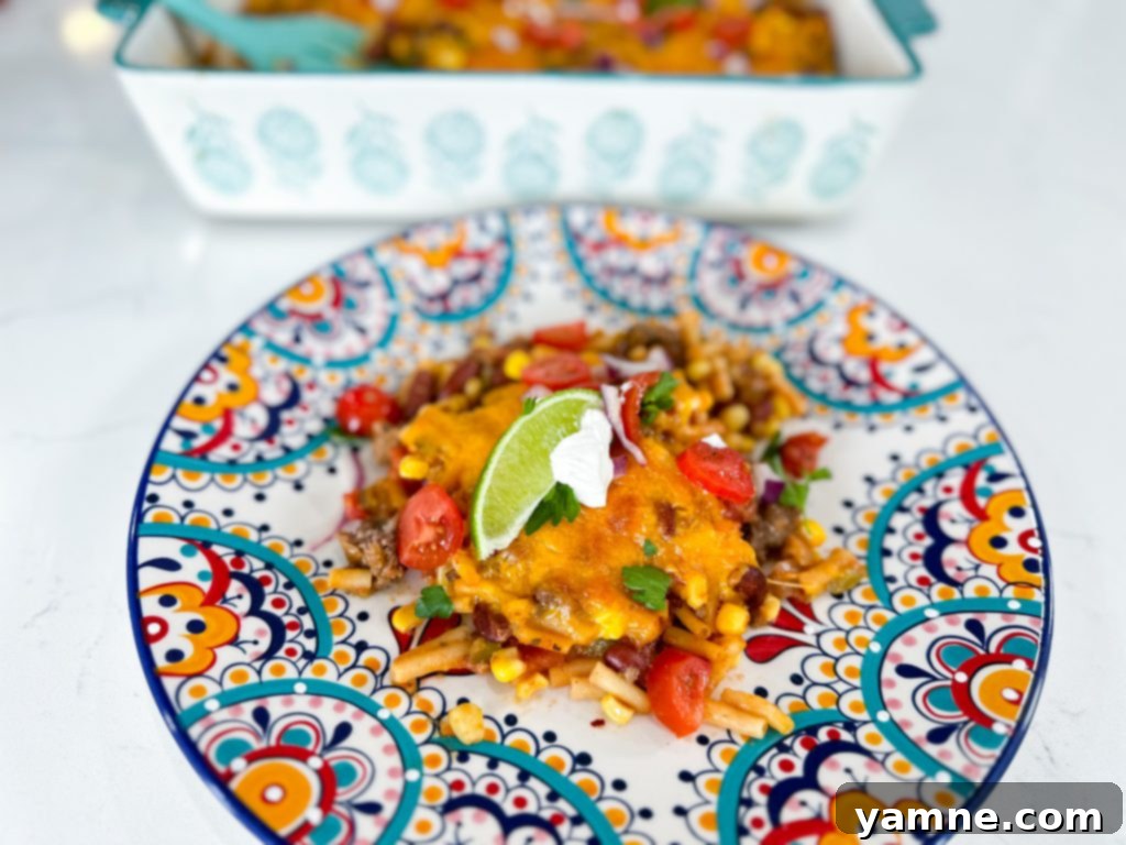 Overhead shot of Southwest Mexican Macaroni and Cheese Casserole in a baking dish