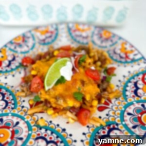 Southwest Mexican Macaroni and Cheese Casserole in a serving dish