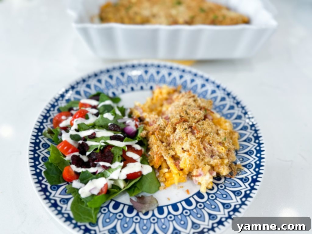 Cheesy Ham Macaroni Bake 5 Ingredients for Cheesy Ham Macaroni and Cheese Casserole laid out