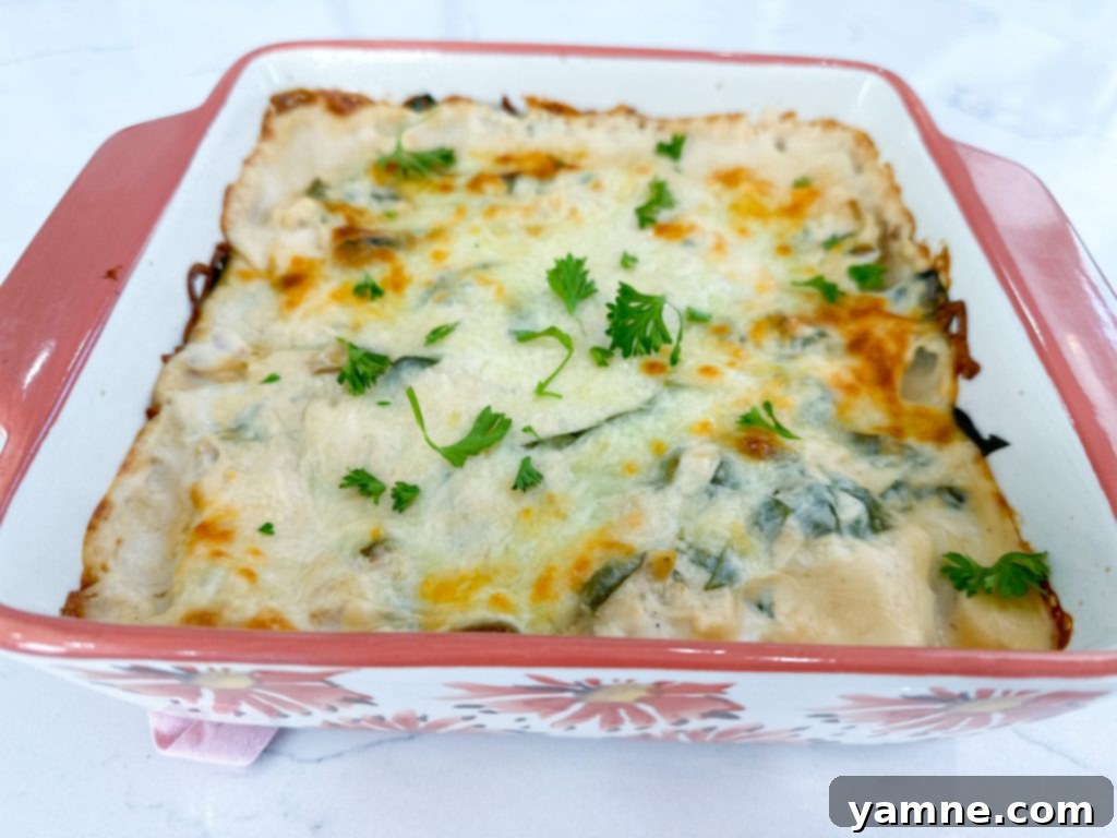 A partially layered chicken and spinach lasagna in a baking dish, showing a layer of noodles, chicken, and spinach.