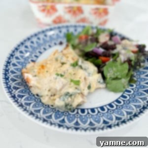 Finished Chicken and Spinach Lasagna on a serving plate.