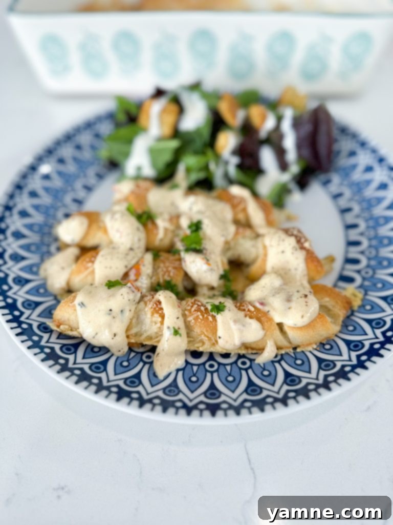 Golden baked chicken wrapped in crescent dough, drizzled with creamy sun-dried tomato sauce